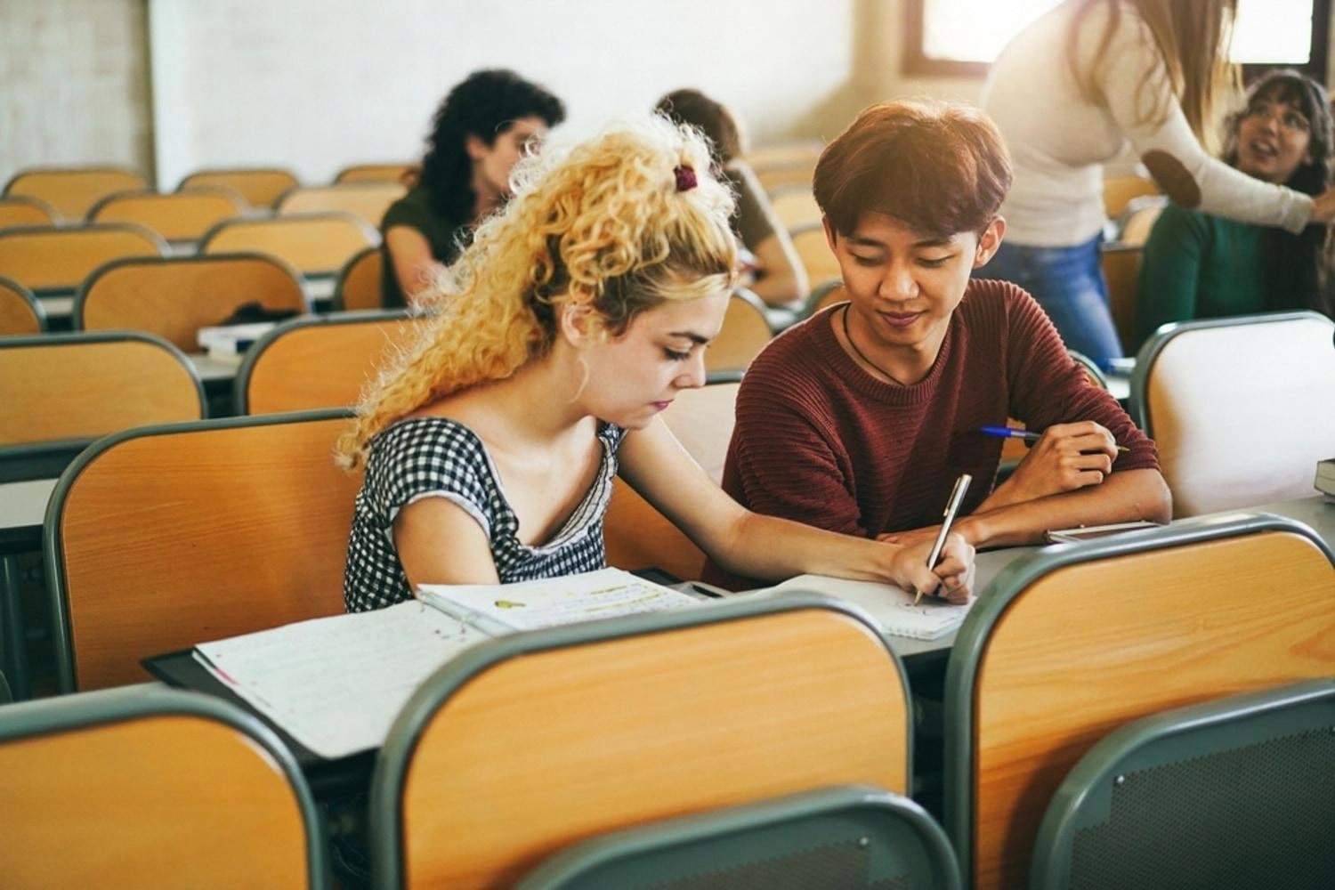 Two teenage students helping each other with schoolwork at their desks
